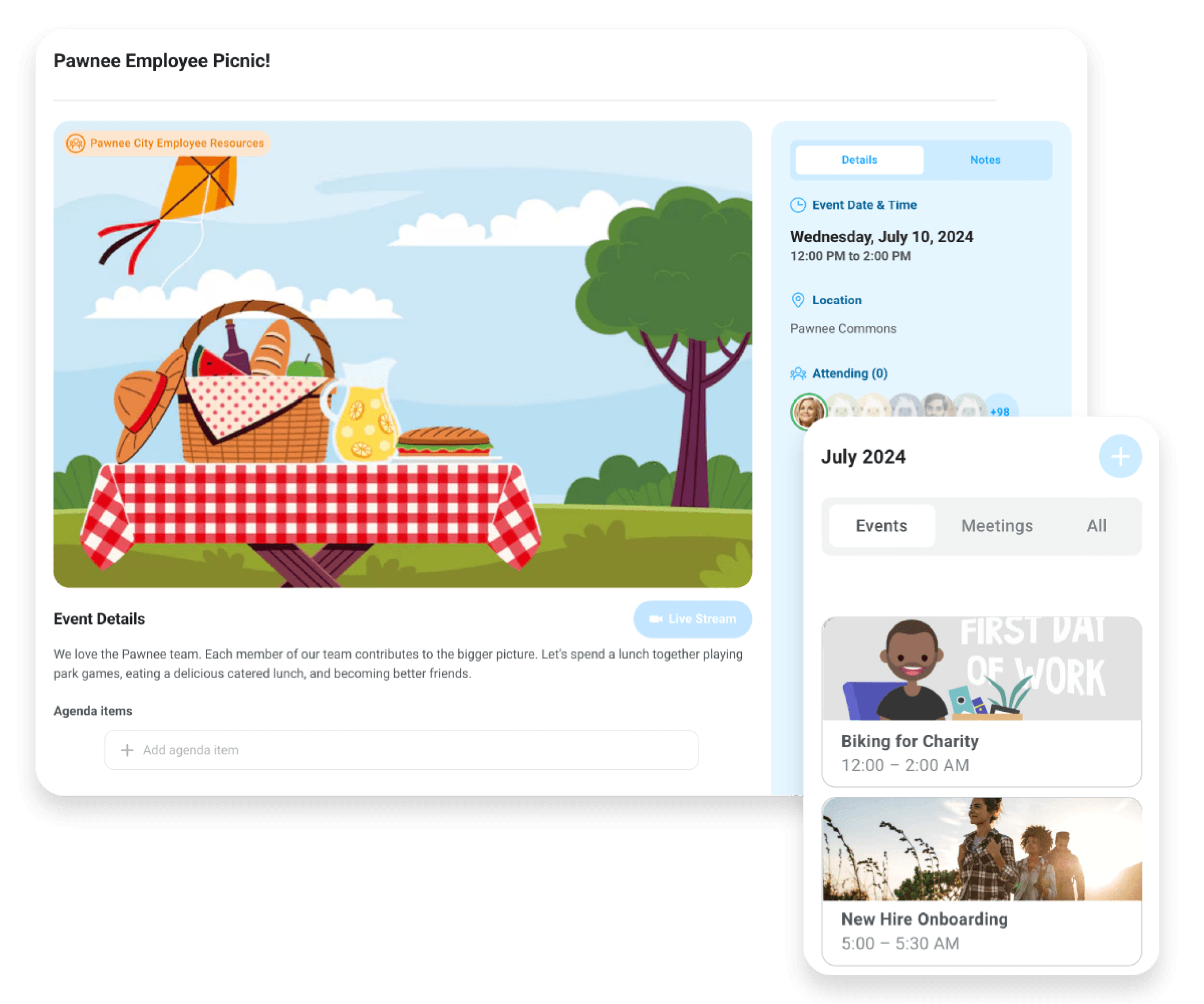 Image of events being hosted in Motivosity, which can be used for things like culture training, workplace events, employee onboarding, and other events to improve the employee experience.