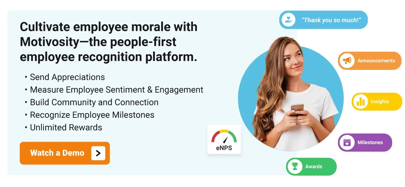 Image of a woman using Motivosity, an employee recognition solution used to help boost employee morale.