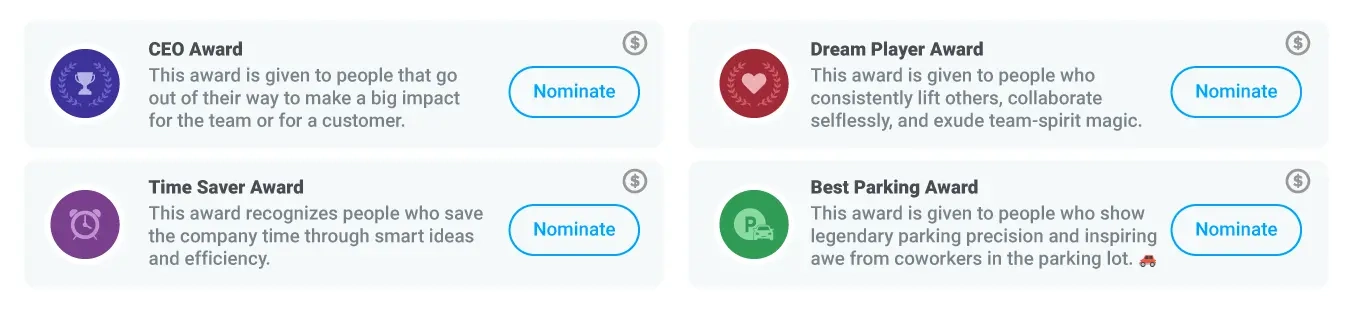 Image of awards that can be given in Motivosity to recognize employees.