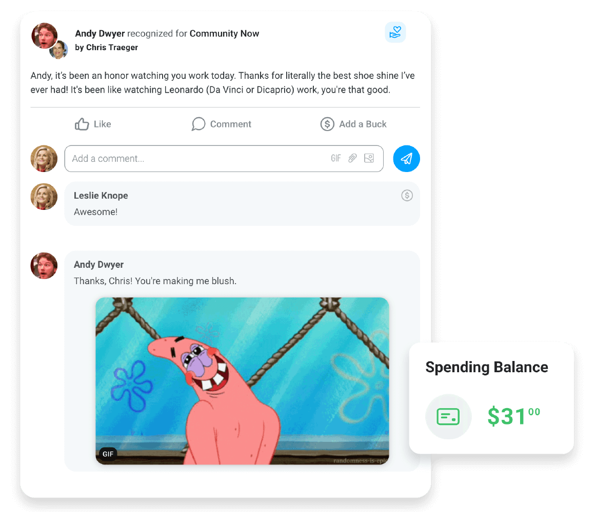 Image of a social recognition post within a peer-to-peer recognition program.