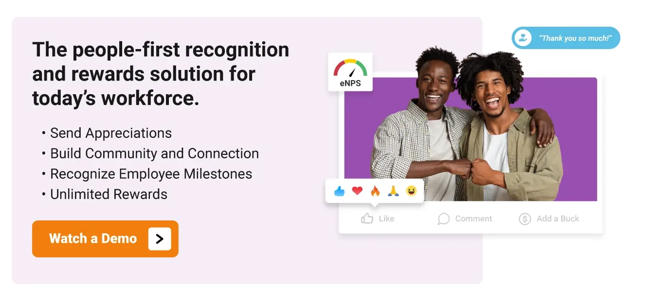 Image of two happy employees, as well as a call out to watch a demo of Motivosity, a tool that can be used for improving employee engagement at your company.