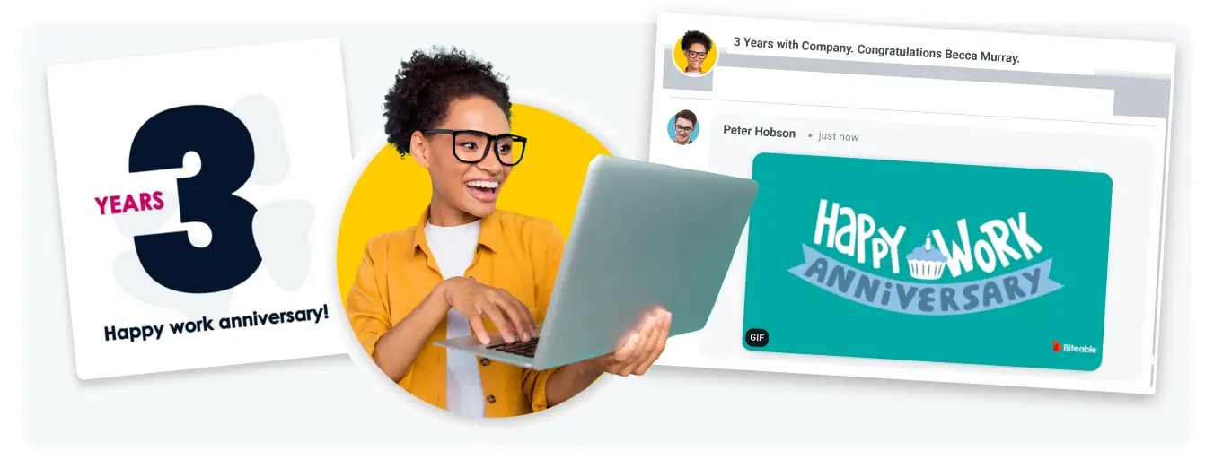 Image of employee milestones being celebrated in Motivosity, like a work anniversary. 