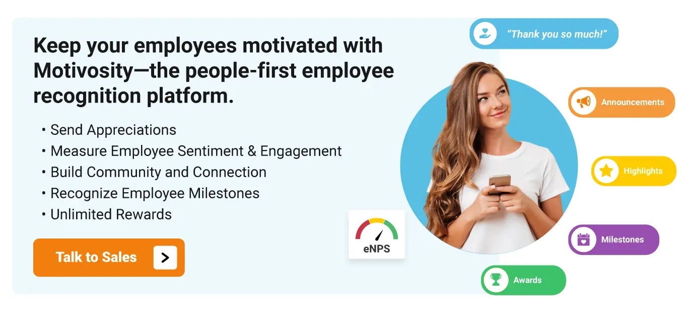 Promotional graphic for Motivosity, a people-first employee recognition platform, featuring a smiling woman holding a phone, with text highlighting features like appreciations, engagement measurement, community building, milestones, and rewards. Includes colorful icons for Announcements, Highlights, Milestones, and Awards.