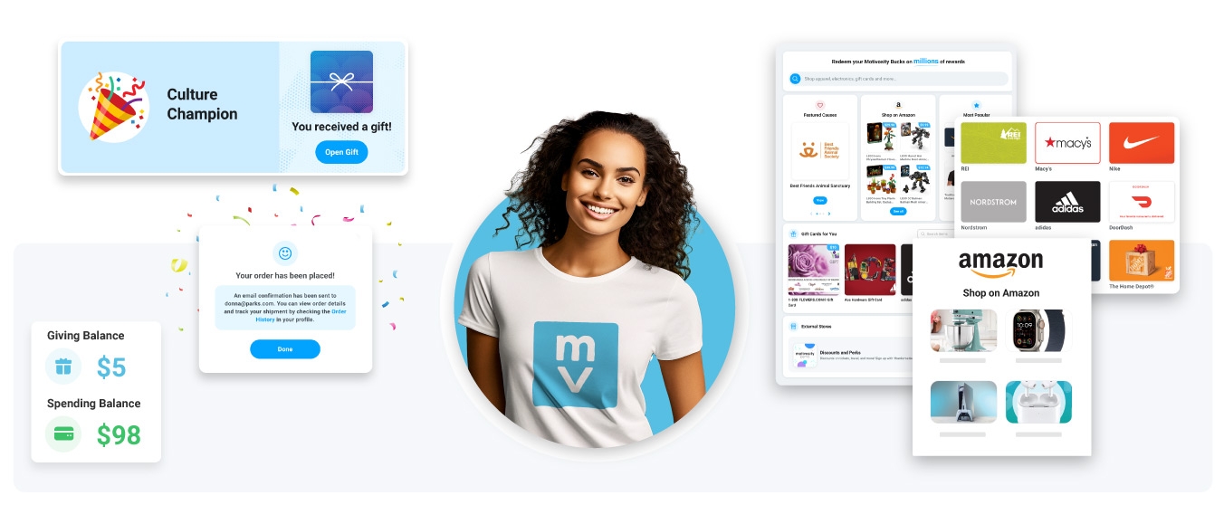 Image of the rewards marketplace in Motivosity, an employee recognition platform used to reward employees.