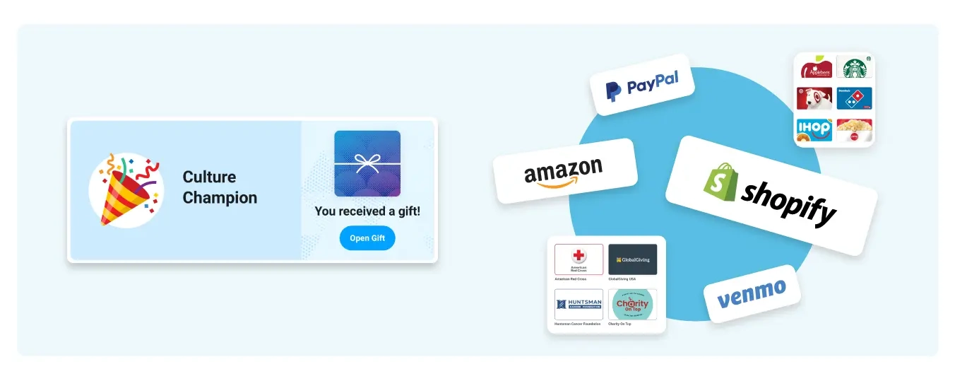 Image of a company celebrating service awards in Motivosity with custom gifts and other rewards.