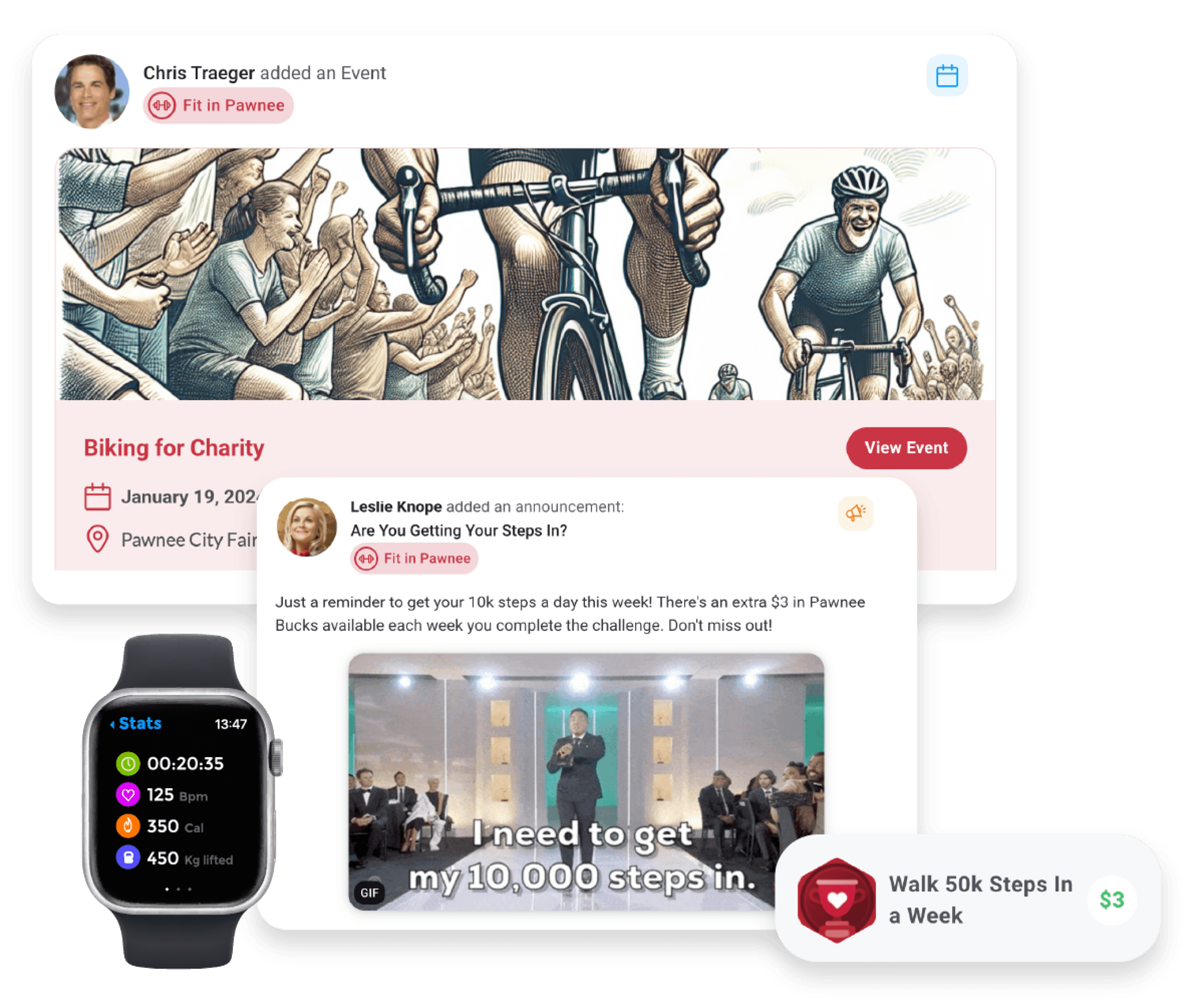 Image of a workplace wellness program in Motivosity, with an example of an event and an example of an award.