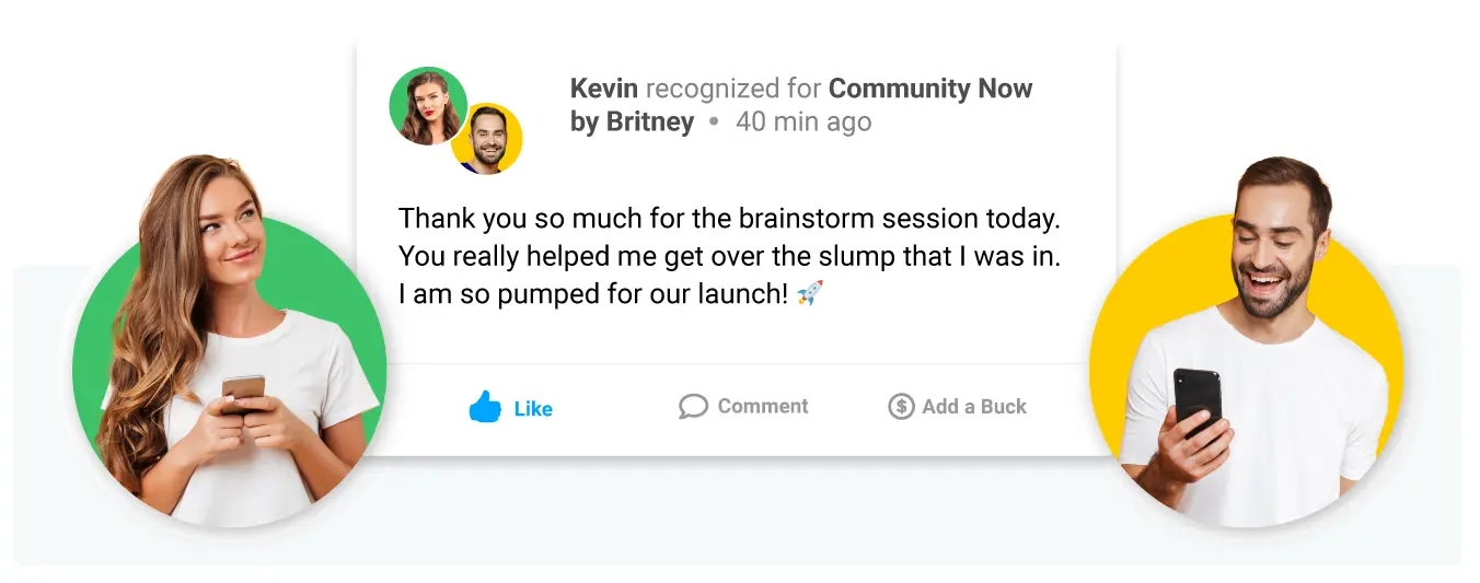 Image of two engaged employees interacting on an employee recognition software.
