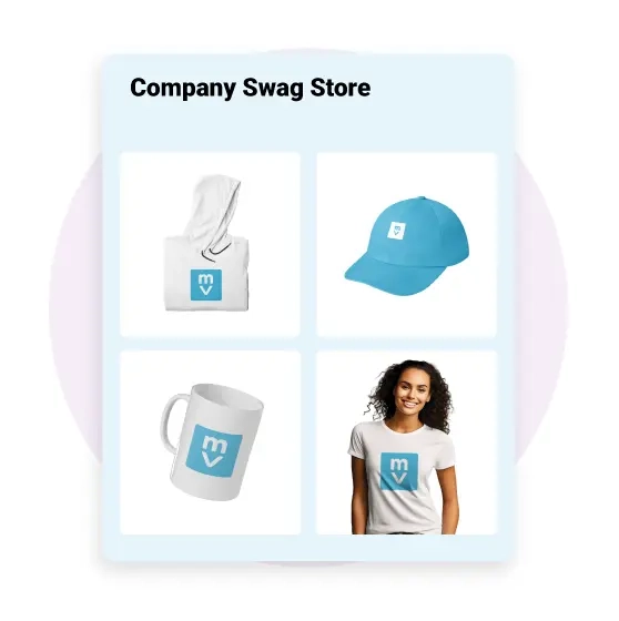 Image of corporate gifts with the company's branding in the Motivosity store.