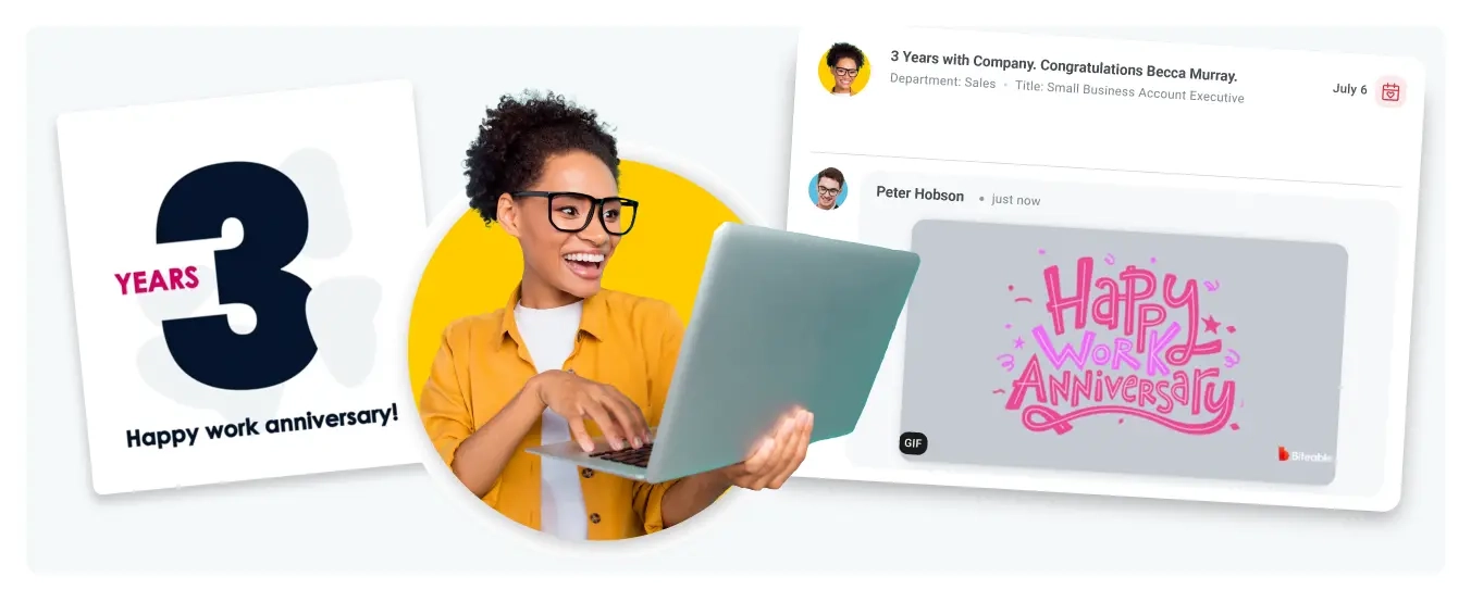 Image of an employee celebrating their work milestone in Motivosity.