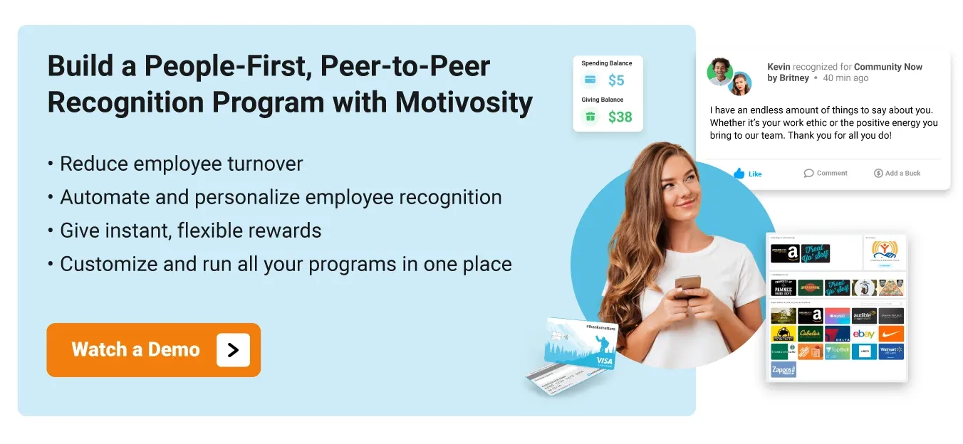 Image of an employee using Motivosity to express gratitude, improve team morale, and redeem rewards. 