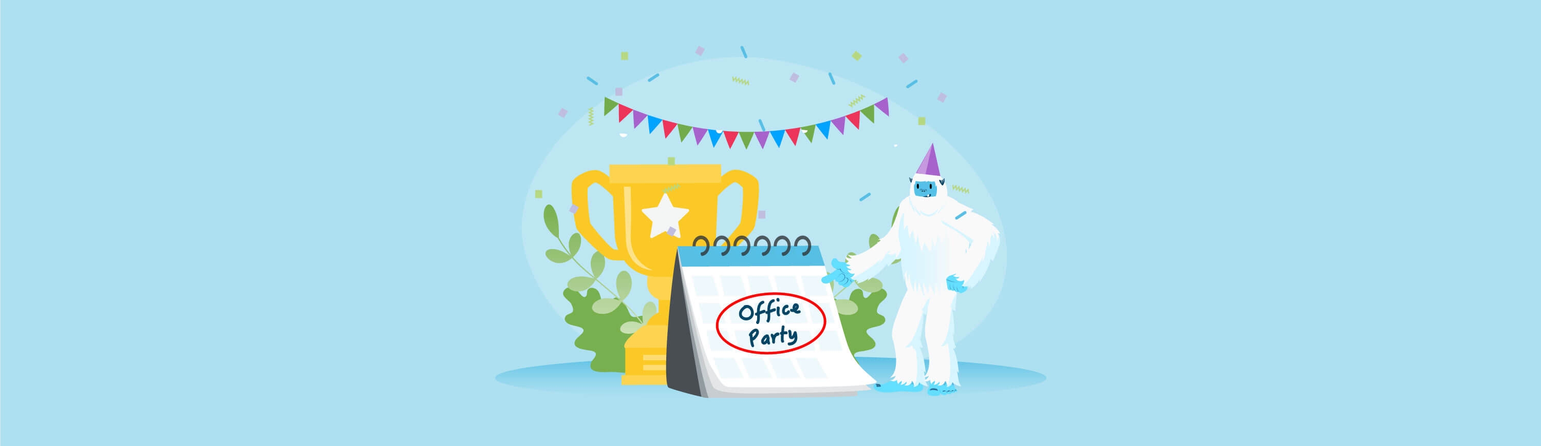 Illustration of Carl the Yeti next to a giant trophy and a sign that says office party, while wearing a party hat.
