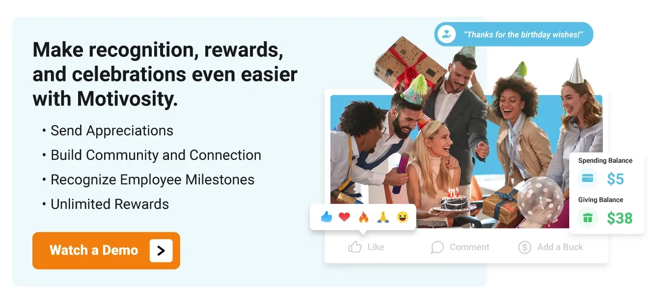 Image of employees celebrating birthdays together and using Motivosity to recognize and reward each other.