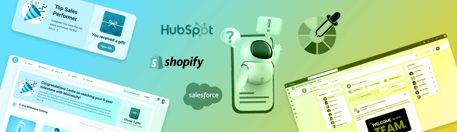 Image of several Motivosity dashboard screenshots whit a gradient background.
