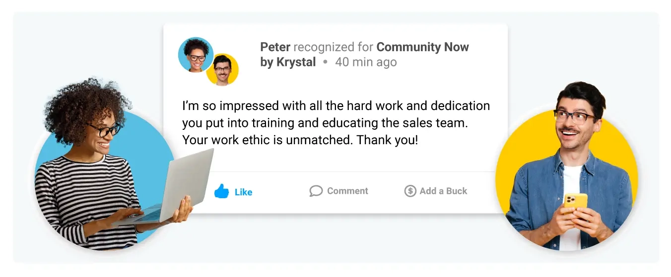 Image of employees using Motivosity to recognize each other with peer-to-peer recognition.