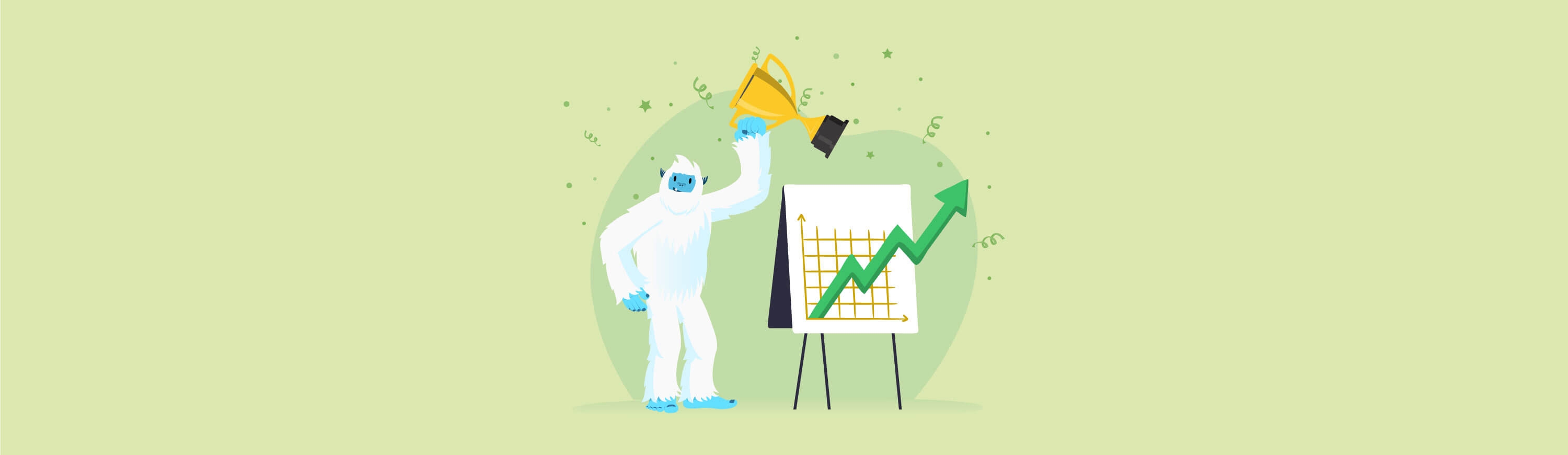 Illustration of Carl the yeti holding a trophy next to a graph trending upwards.