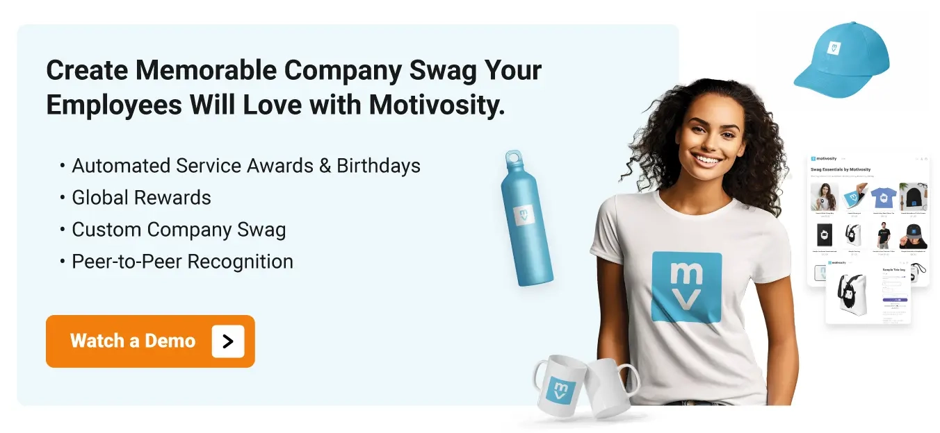 Image of an employee wearing company swag after shopping in their company catalog. 