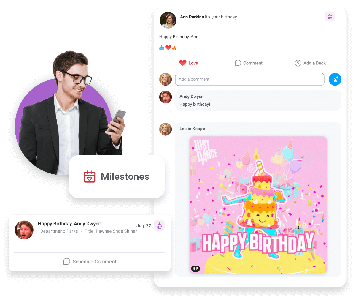 Image of a public recognition for employee work anniversaries and birthdays in Motivosity's recognition program.