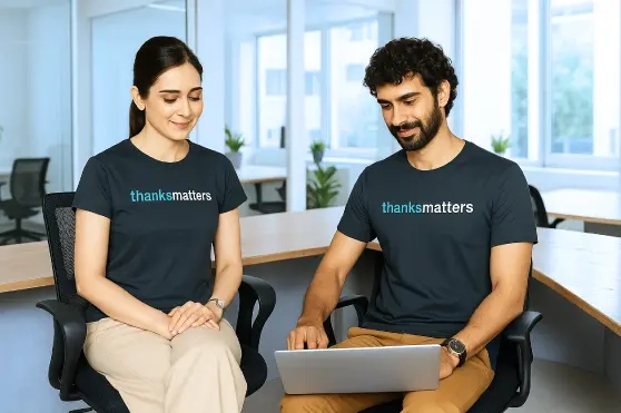 Image of the thanksmatters tshirt on an employee.