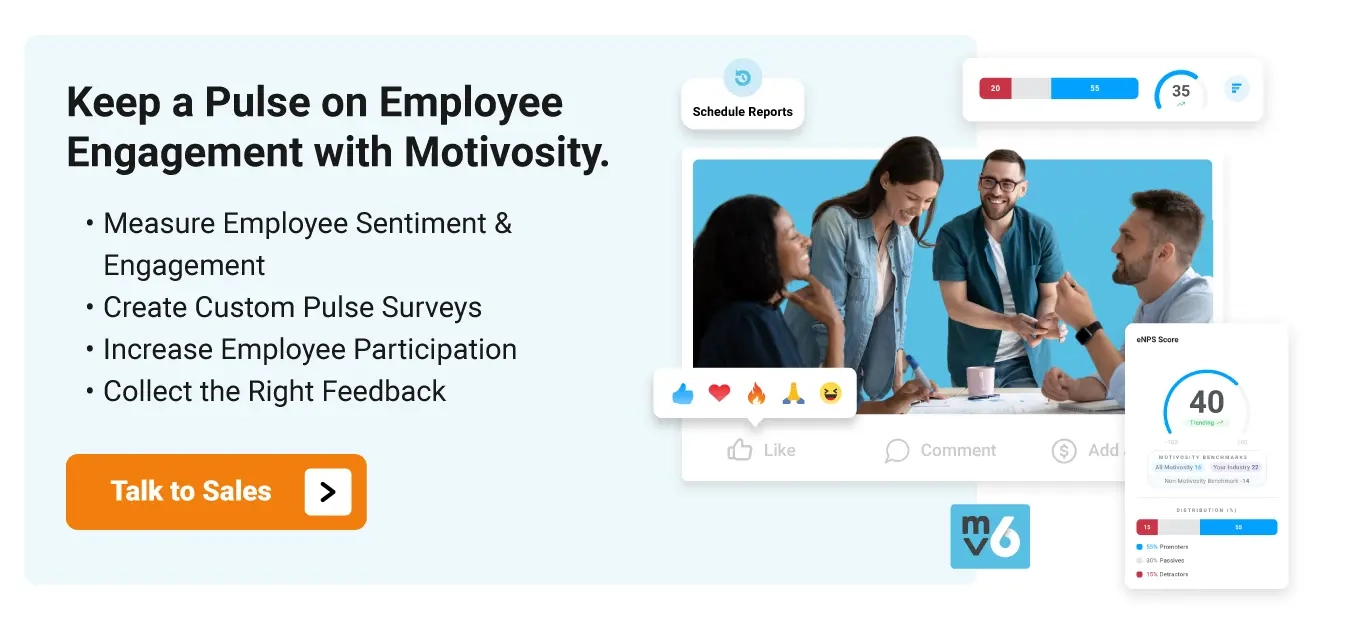 Image of happy employees and high sentiment scores, as well as a call out to learn more about Motivosity's survey tool that helps companies gather feedback from their employees.