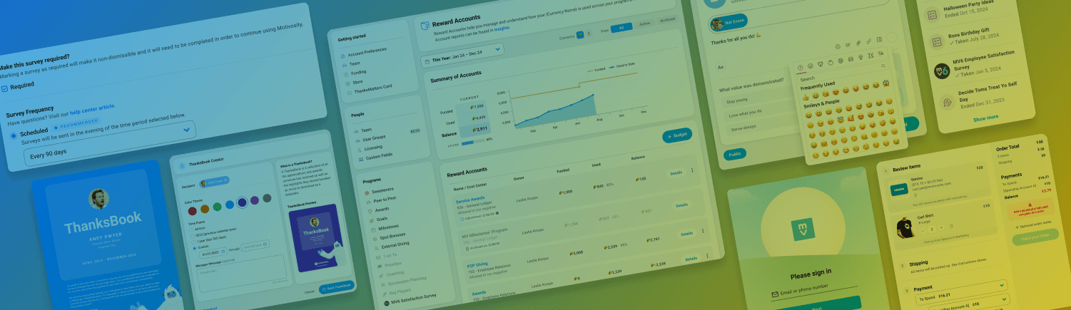 Image of several Motivosity dashboard screenshots with a gradient background.