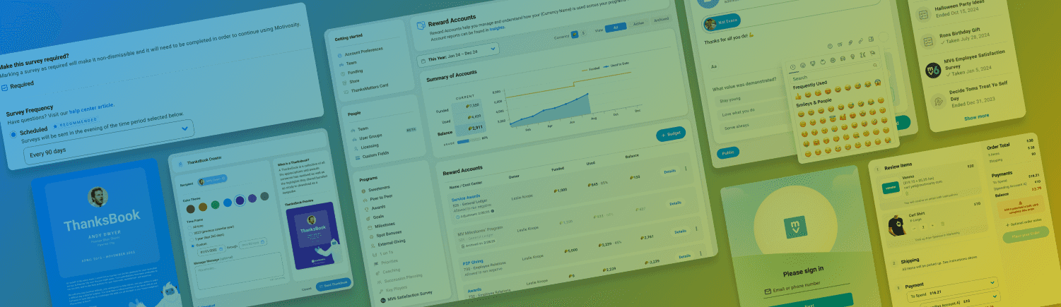 Image of several Motivosity dashboard screenshots with a gradient background.