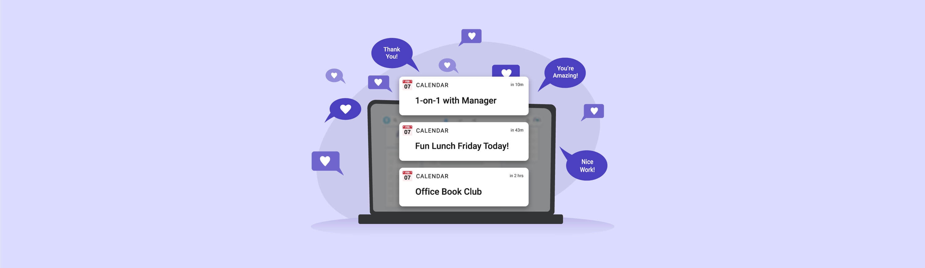 Illustration of a laptop with various complements and events coming out of the screen.