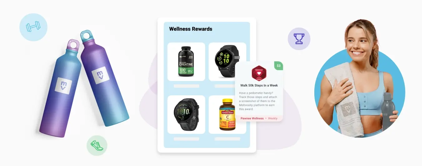 Image of wellness products like duffle bags that are branded in the Motivosity store, and an employee working out with a branded towel. 