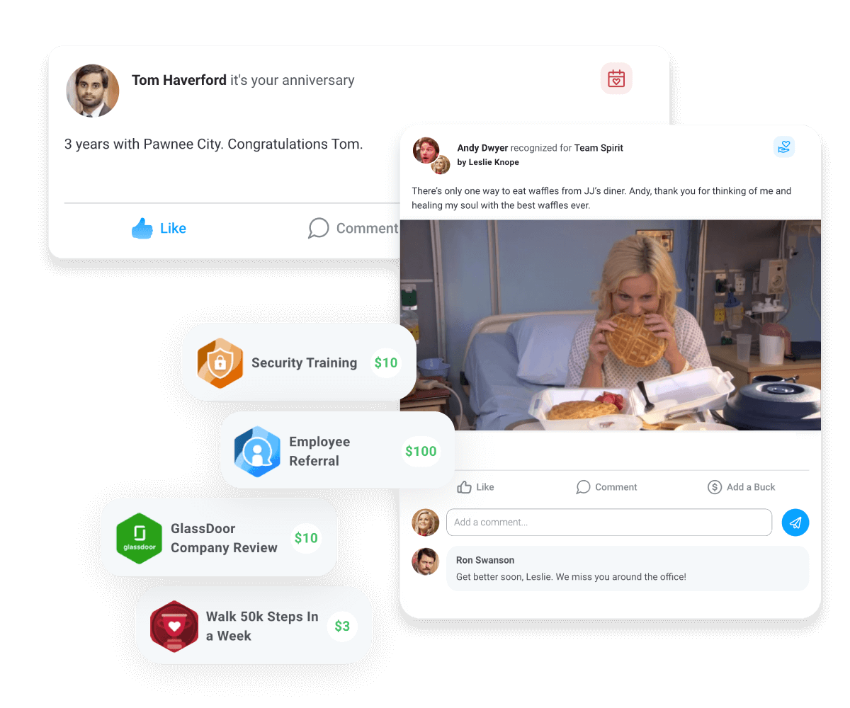 Image of work anniversaries, employee awards, and peer-to-peer recognition included in Motivosity.