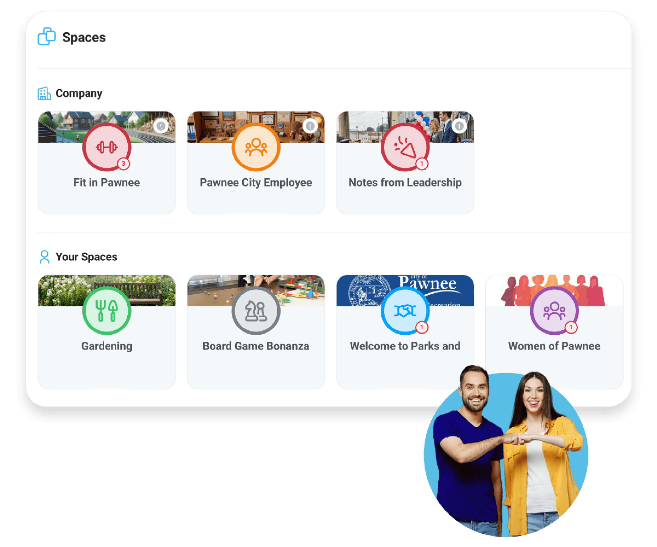 Image of company spaces in Motivosity, like employee led groups, employee resource groups, and other micro-communities