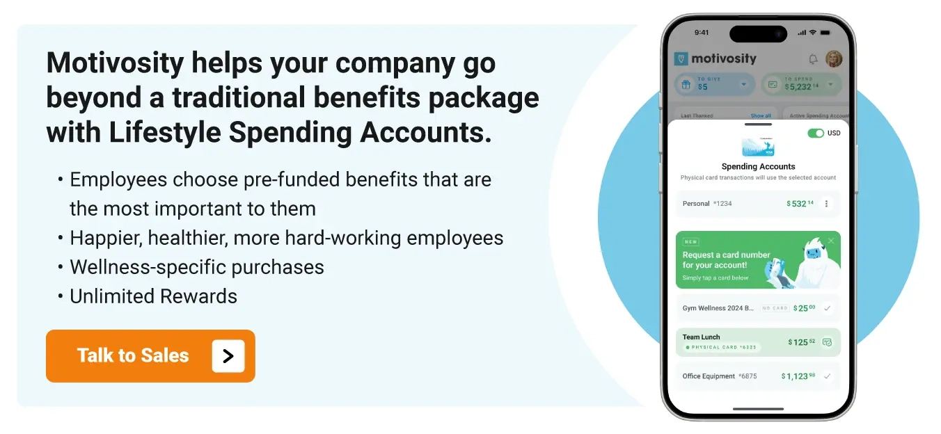 Image with the Motivosity mobile app that shows lifestyle spending accounts.