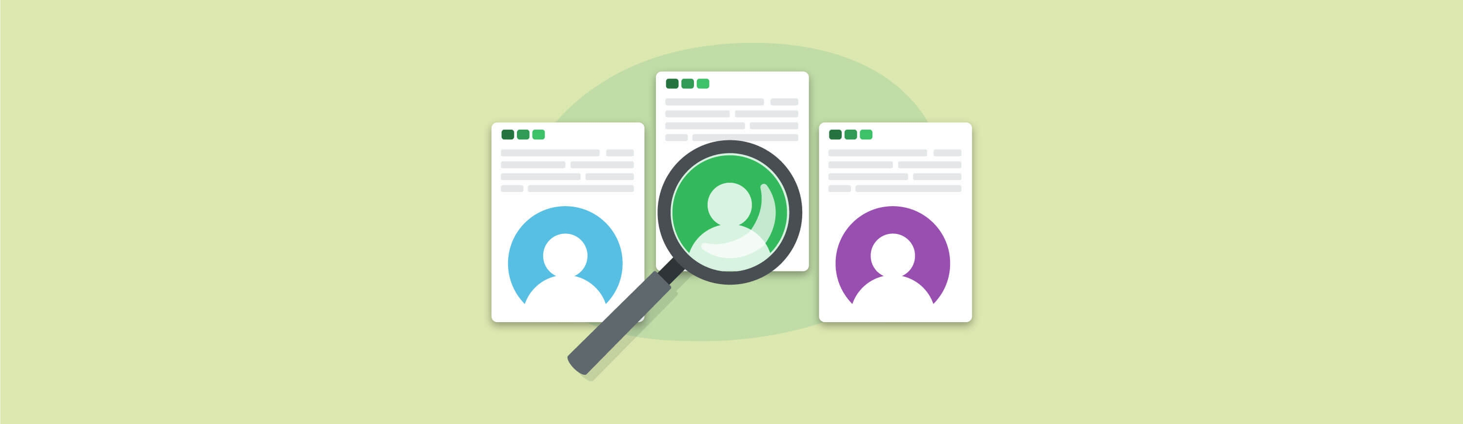 Illustration of several resumes with magnifying glasses over them.