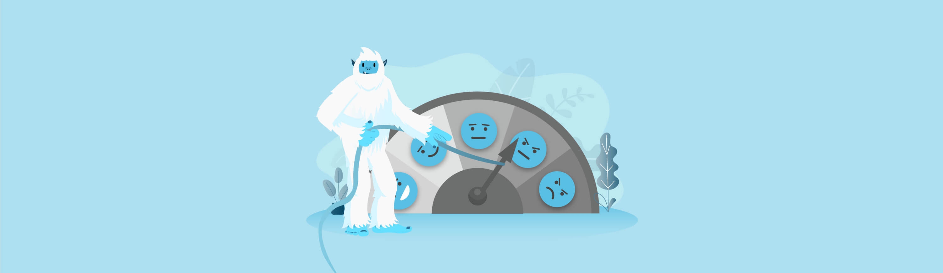 Illustration of Carl the yeti stading next to a wheel with faces ranging from angry and sad to happy.