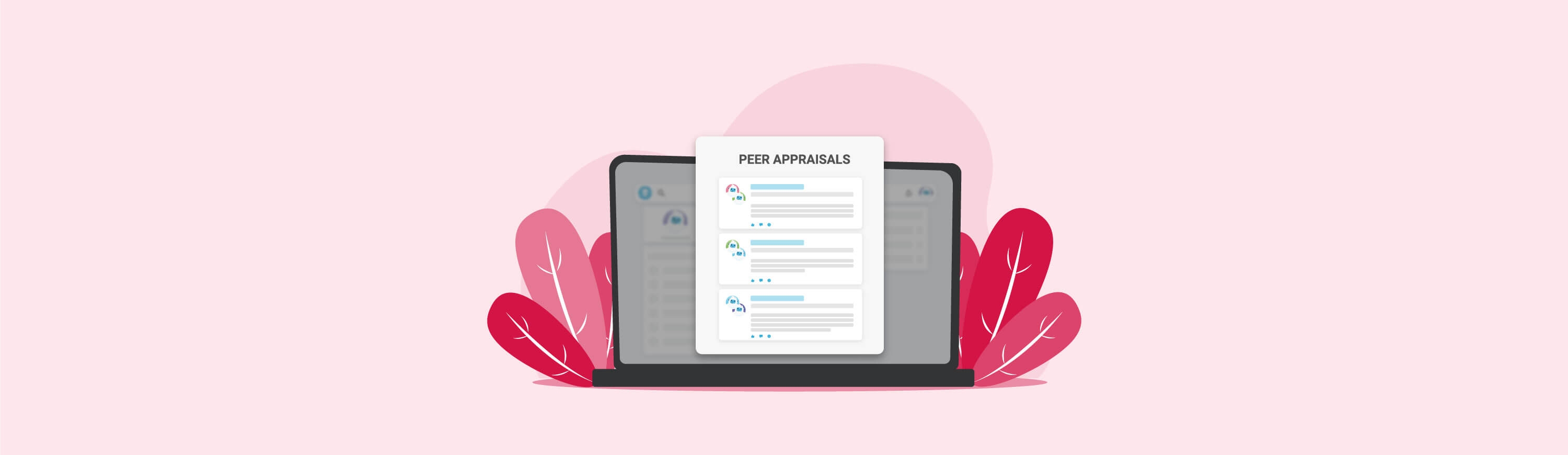 Illustration of a laptop with a peer appraisals box on the screen surrounded by plants.