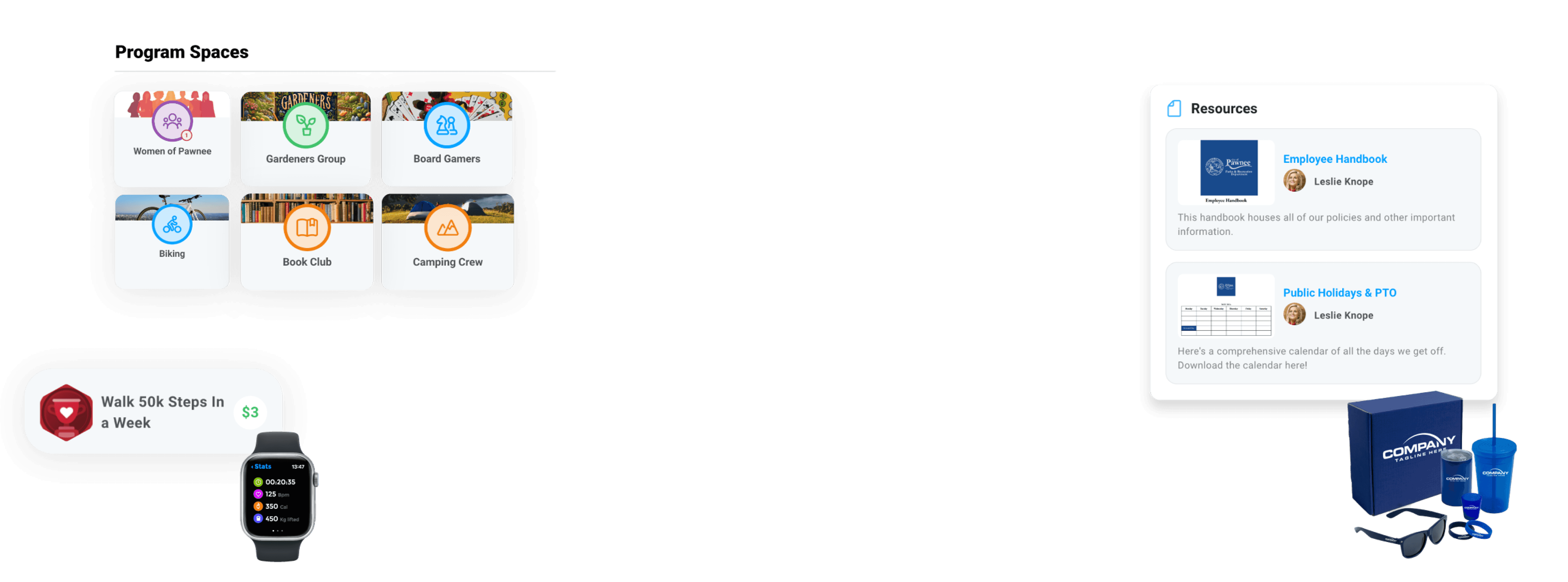 Images of features important to employee programs. Use Motivosity for employee resource groups, employee onboarding, employee wellness, and more.