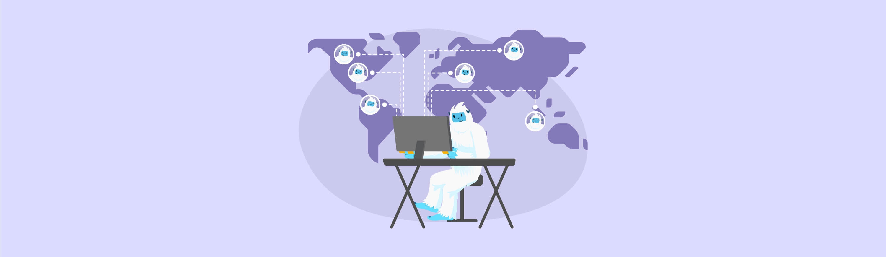 Illustration of Carl the yeti on a computer networking with people remotely around the world.