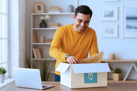 Image of a remote employee opening a package from their company gifting swag.