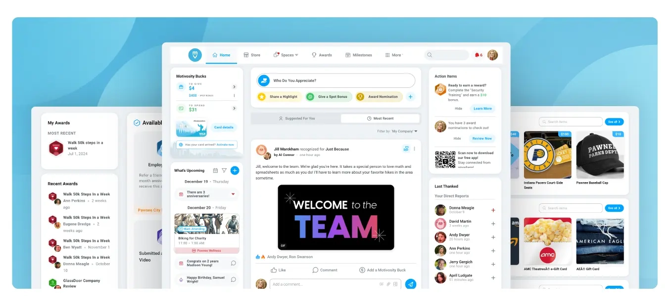 Image of the Motivosity social feed and rewards.
