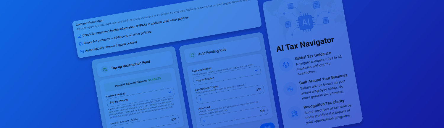 Image of several Motivosity dashboard screenshots with a gradient background.