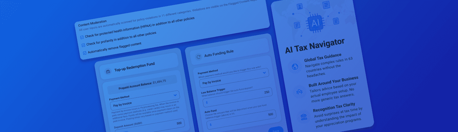 Image of several Motivosity dashboard screenshots with a gradient background.