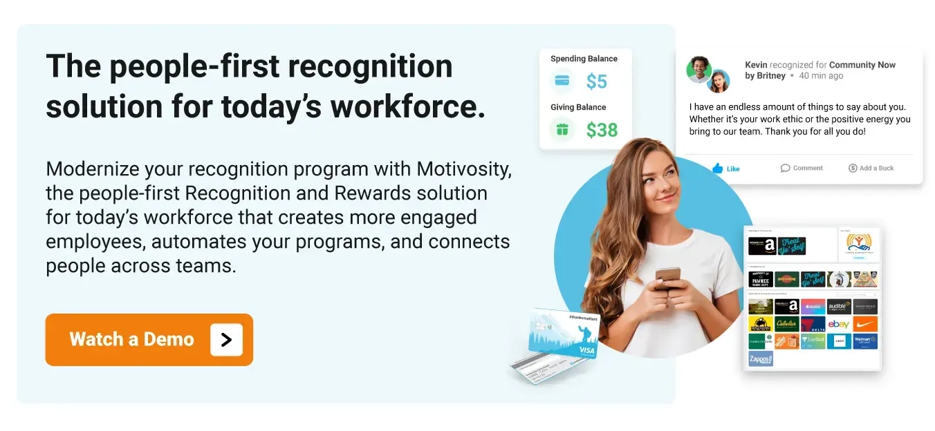 Image of an engaged employee using Motivosity to feel recognized and redeem employee rewards,
